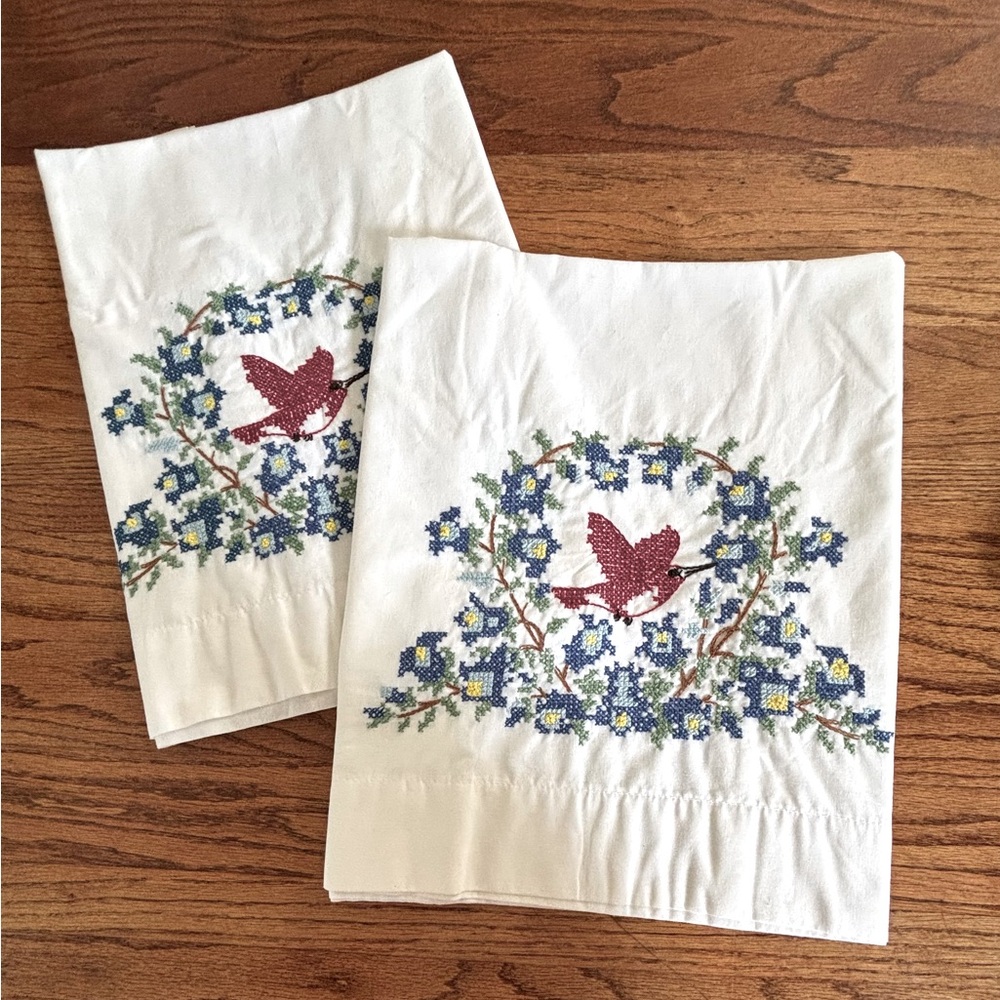 White Pillowcases with Red Bird and Blue Floral Embroidery